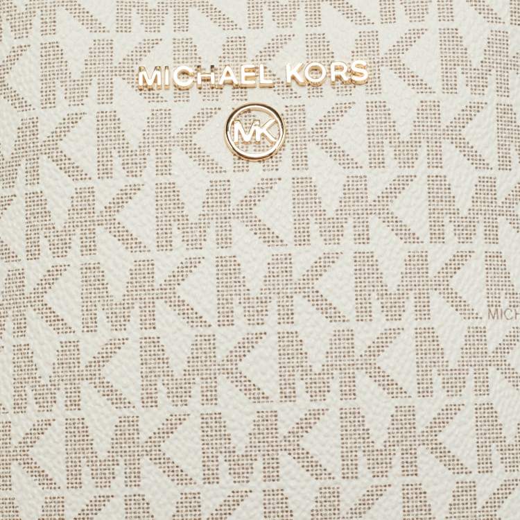 Michael Kors White Signature Coated Canvas and Leather Small Jet Set Charm NS Phone Crossbody Bag