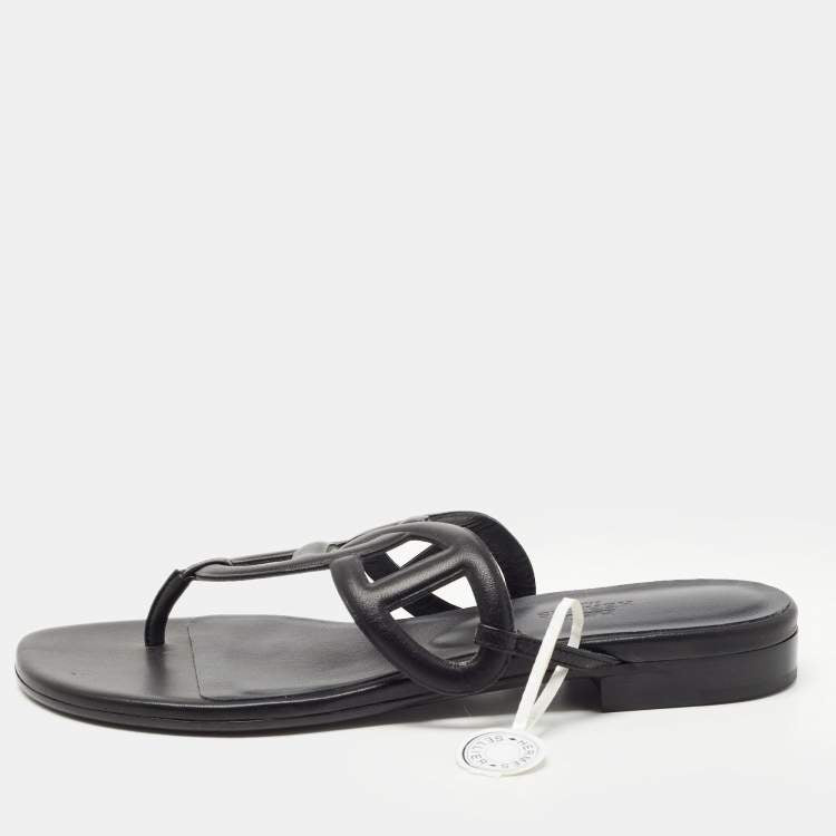 Hermes Black Leather Beach Flat Slides Size 37