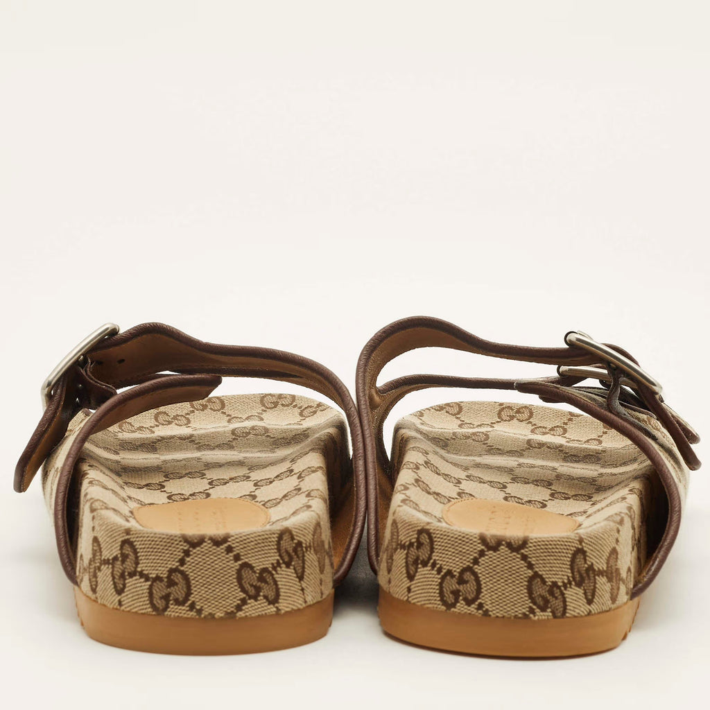 Gucci GG Size 44 Beige/Brown Canvas and Leather Double Buckle Slide Sandals