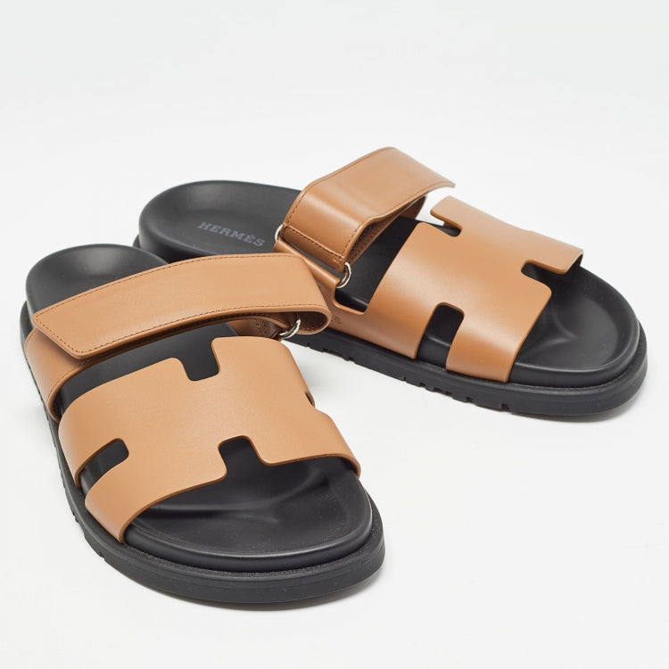 Hermes Brown Leather Chypre Flat Slides Size 39