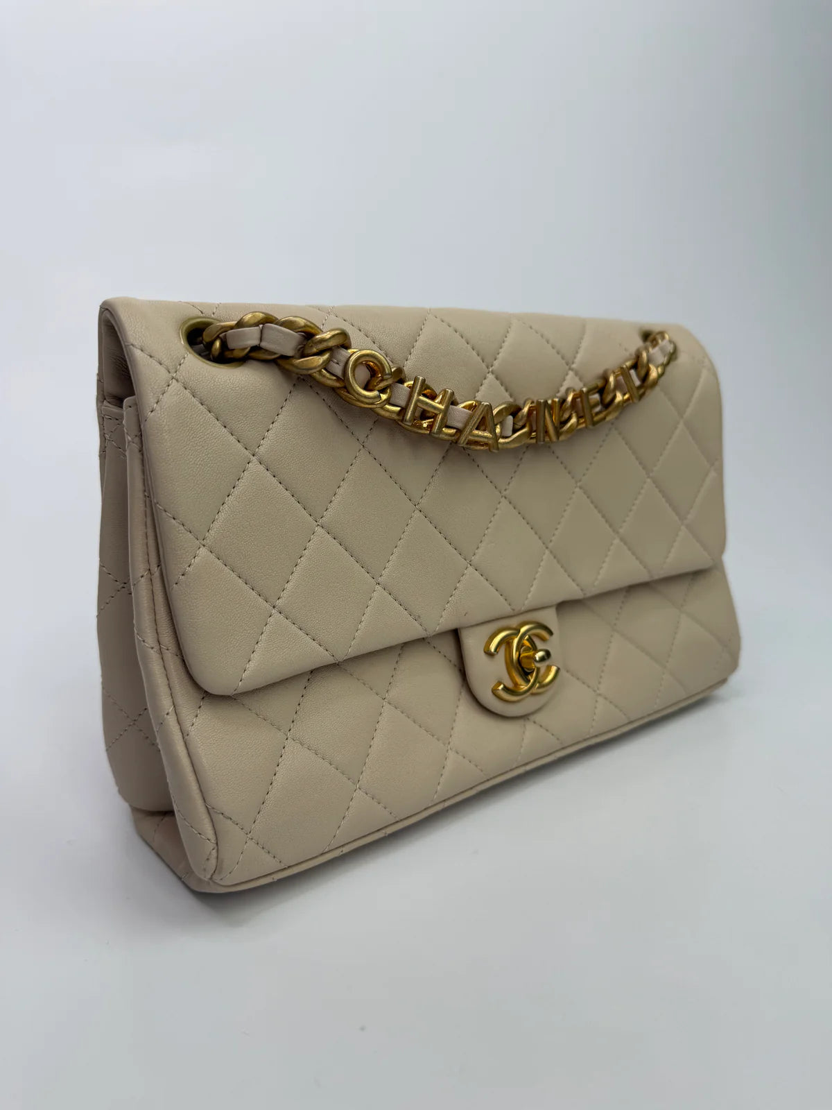 CHANEL MEDIUM QUILTED LAMBSKIN LOGO LETTERS TOUCH CHAIN FLAP BAG