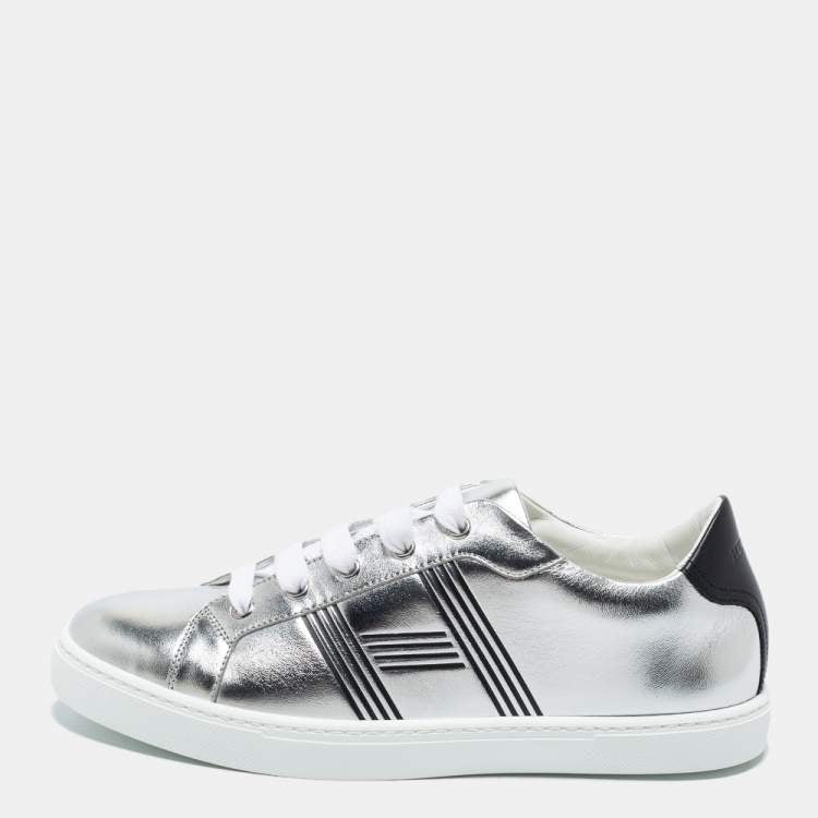 Hermes Silver Leather Avantage Low Top Sneakers Size 40
