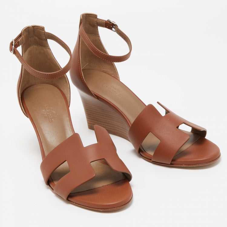 Hermes Brown Leather Legend Wedge Sandals Size 38.5