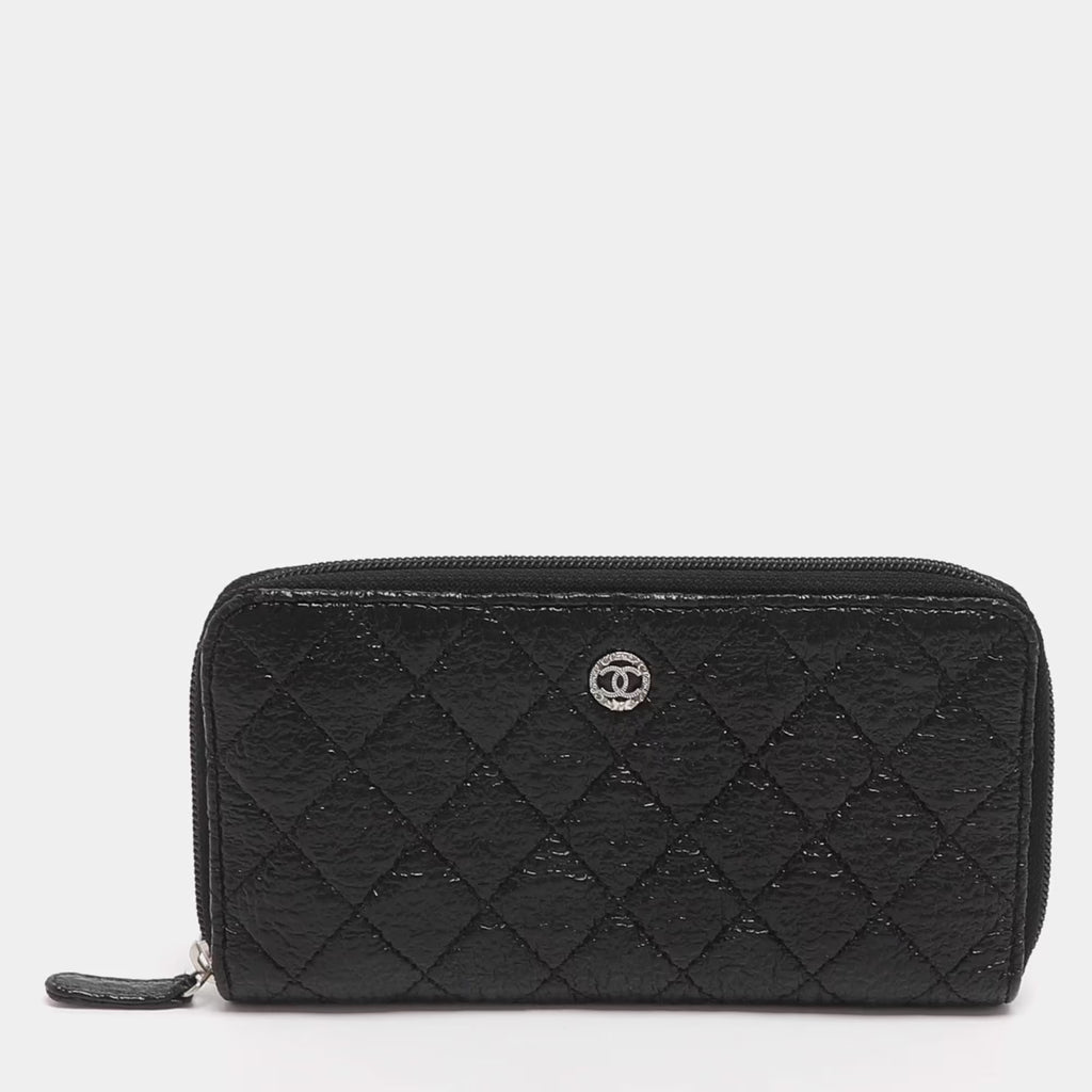 Chanel CC Black Quilted Coated Tweed Zip Around Wallet
