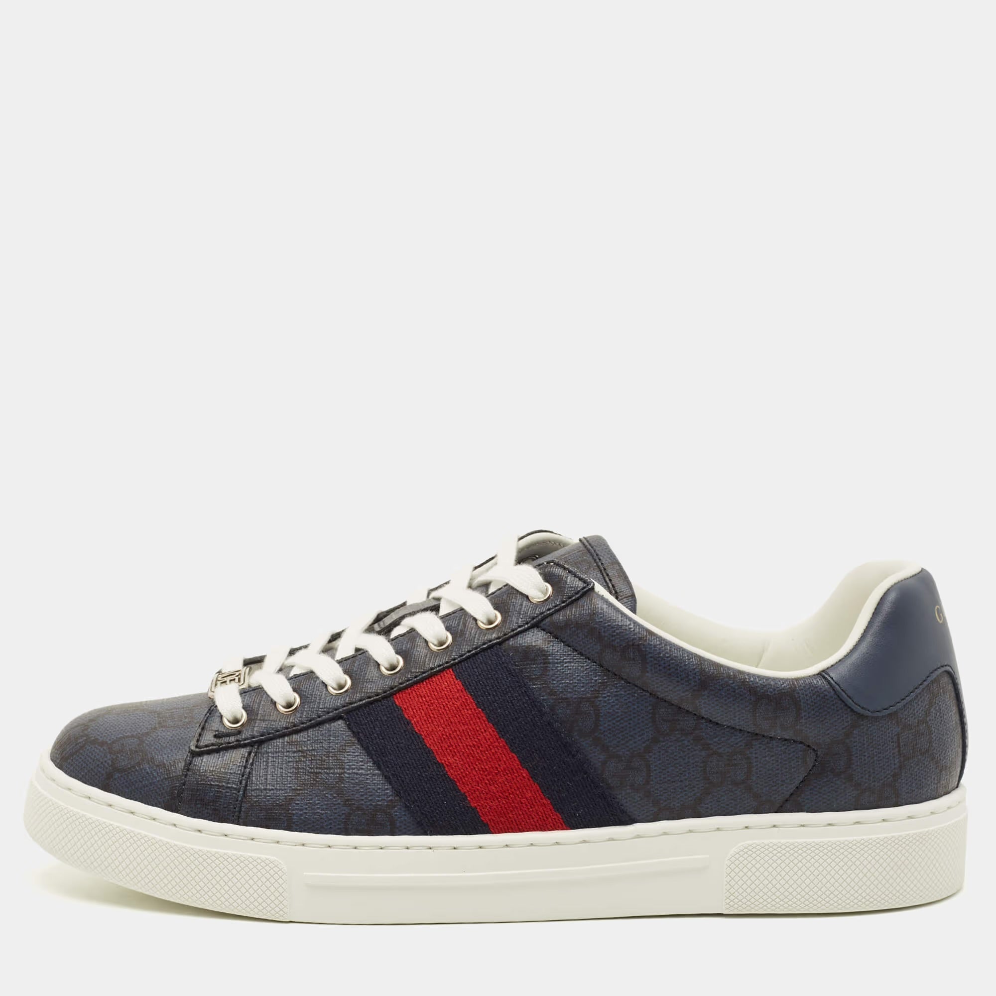 Gucci Ace Size 41 Blue/Black GG Supreme Canvas Low Top Sneakers