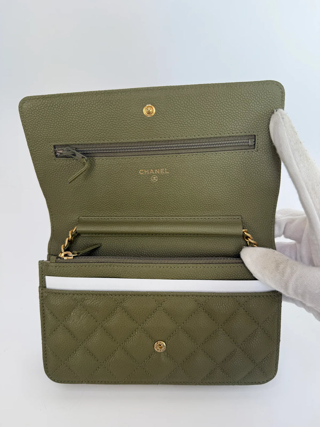 CHANEL BOY WALLET ON CHAIN IN KHAKI CAVIAR LEATHER WITH GHW