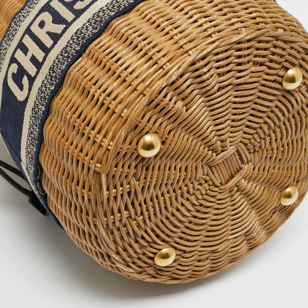 Dior Wicker Drawstring Navy Blue Oblique Canvas and Rattan Bucket Bag