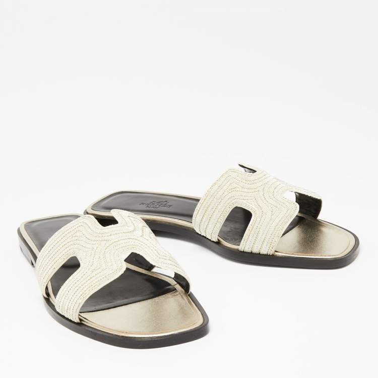 Hermes Beige Fabric Oran Dabka Embroidery Flat Slides Size 37