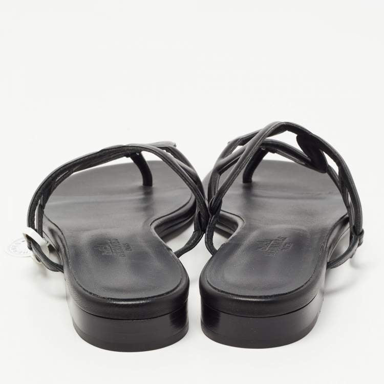 Hermes Black Leather Beach Flat Slides Size 37