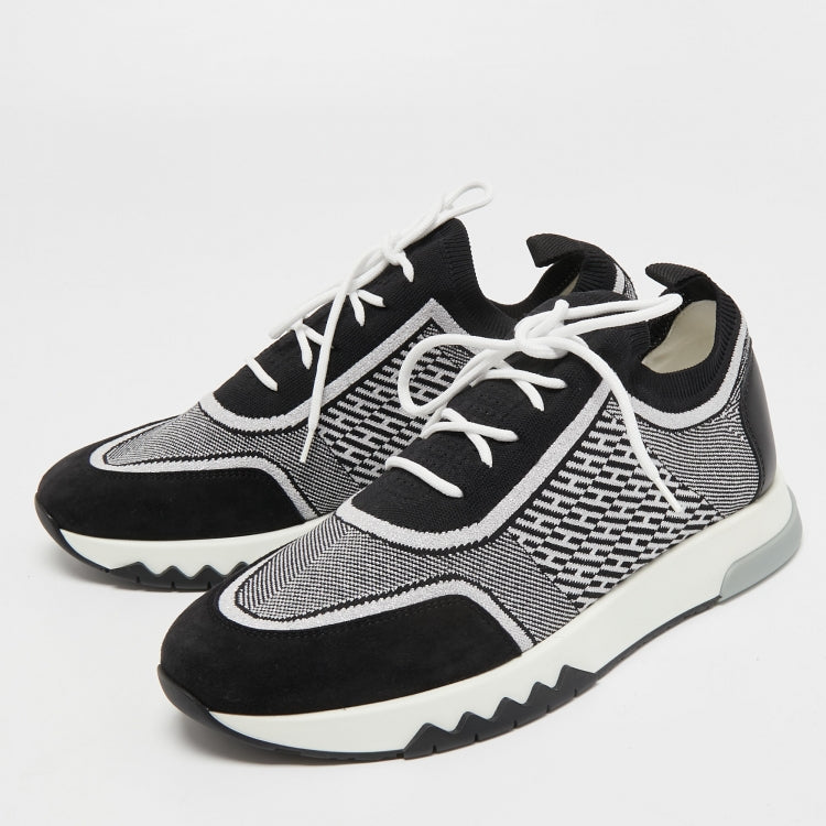 Hermes Black/White Fabric and Suede Addict Sneakers Size 39.5