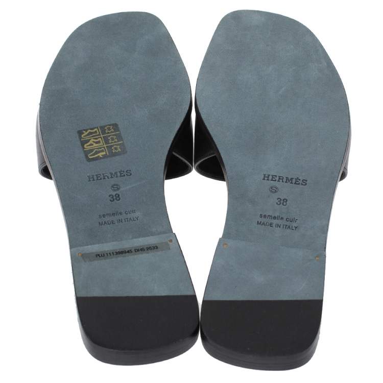 Hermes Black Leather View Slide Sandals Size 38