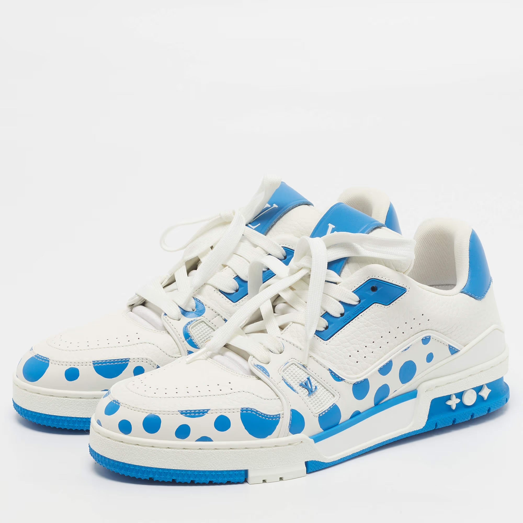 Louis Vuitton Yayoi Kusama X Trainer Size 41 White/Blue Leather Lace Up Sneakers