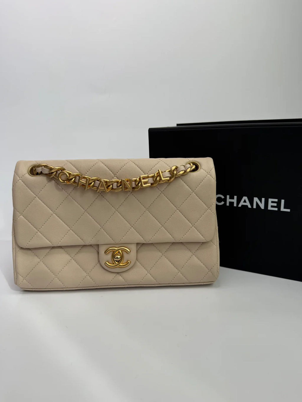 CHANEL MEDIUM QUILTED LAMBSKIN LOGO LETTERS TOUCH CHAIN FLAP BAG