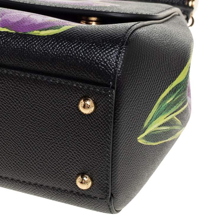 Dolce & Gabbana Black Tulip Print Leather Medium Miss Sicily Top Handle Bag