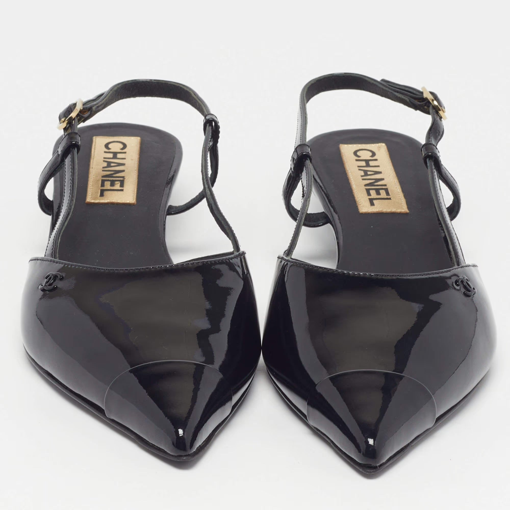 Chanel Size 39 Black Patent Leather CC Cap Toe Slingback Flat Sandals