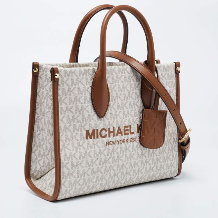 Michael Kors Brown/Beige Logo Jacquard Fabric and Faux Leather Small Mirella Tote