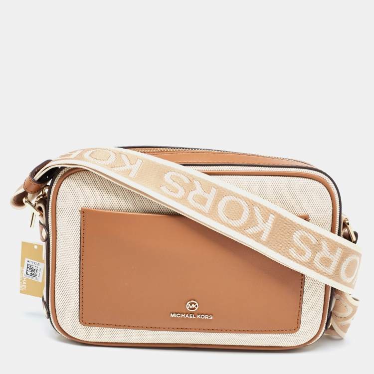 Michael Kors Beige/Tan Canvas And Leather Maeve Crossbody Bag