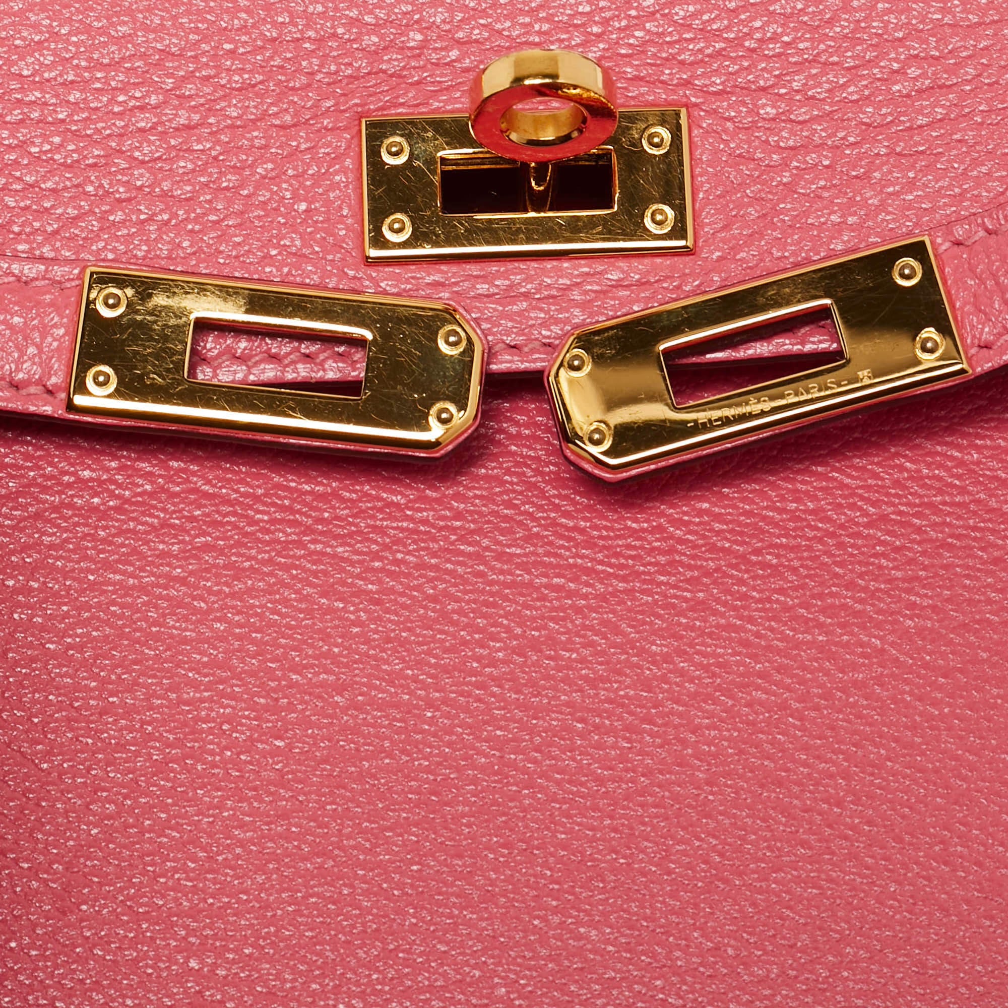 Hermes Kelly II Sellier Mini 20 Gold Finish Rose Azalee Chevre Leather Top Handle Bag