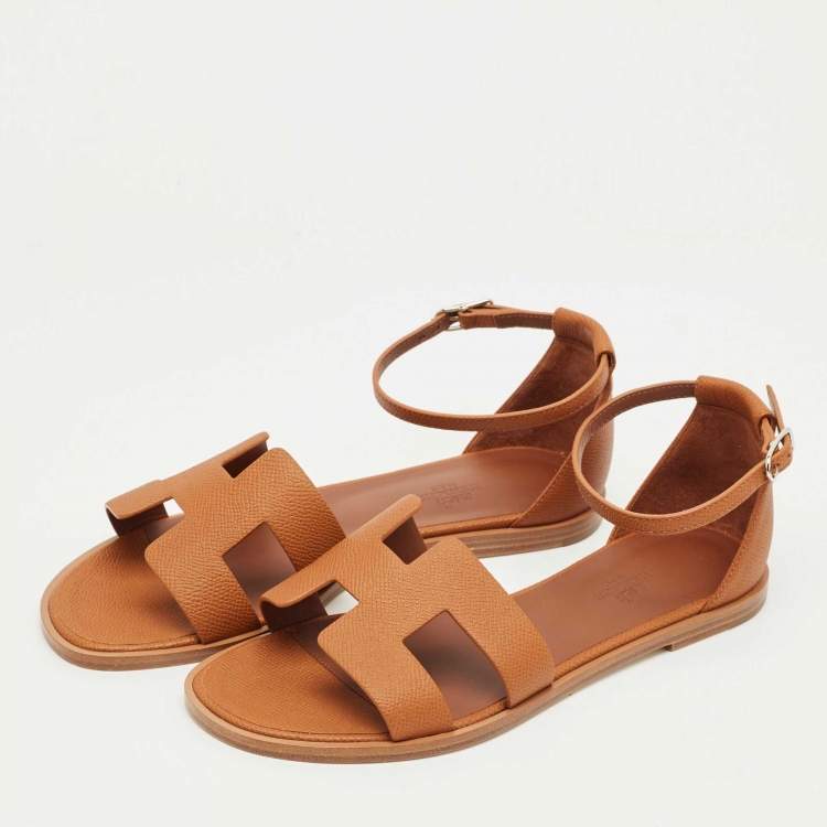 Hermes Brown Leather Santorini Ankle Strap Sandals Size 38