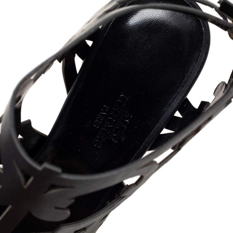 Hermes Black Leather Keira Ankle Sandals Size 37