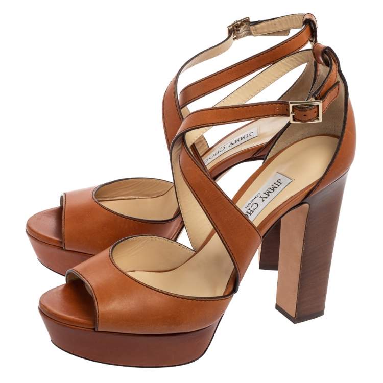 Jimmy Choo Tan Leather April Cross Strap Platform Sandals Size 40.5