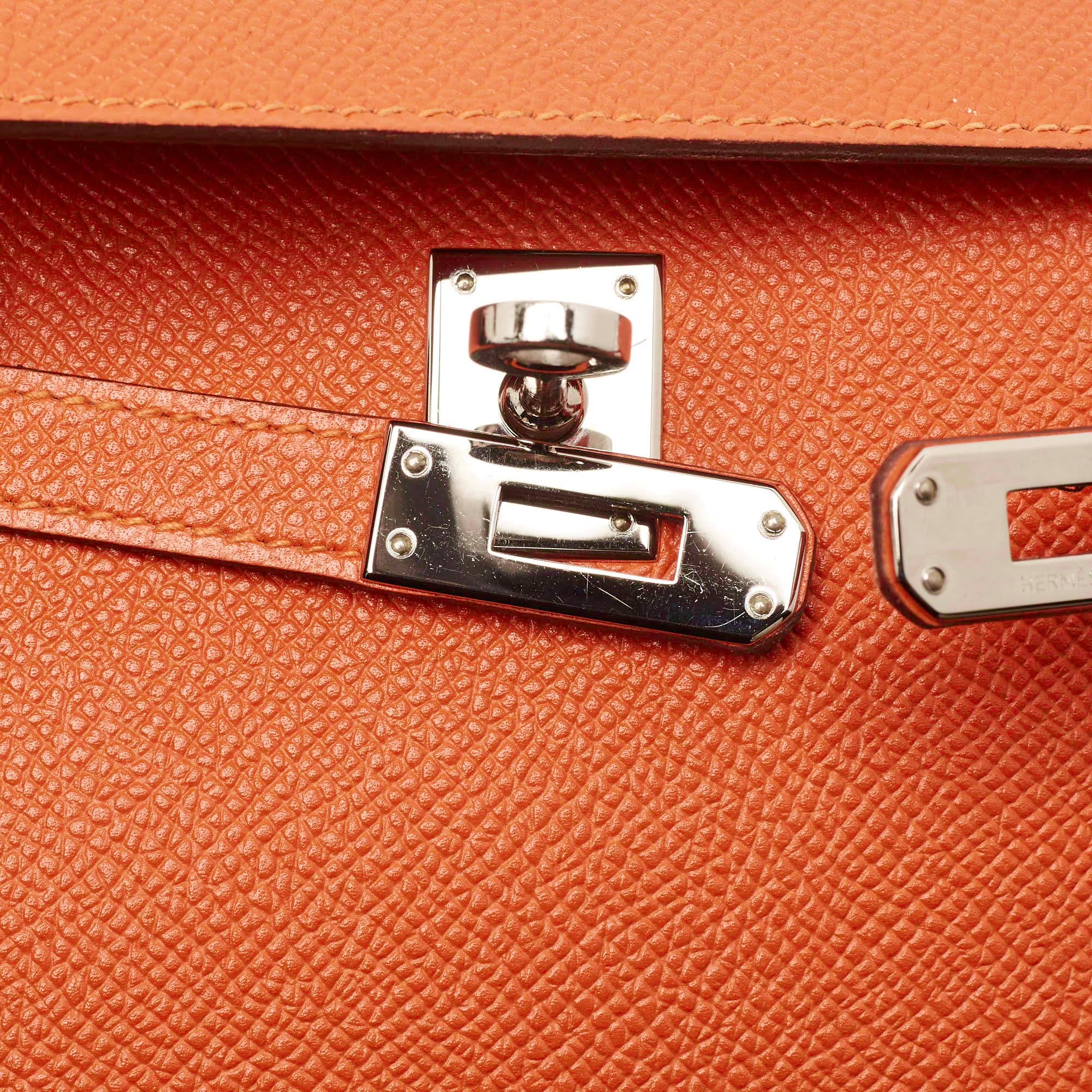 Hermes Kelly Palladium Finish Orange Poppy Epsom Leather Pochette