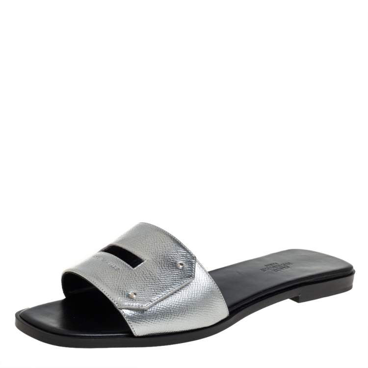 Hermes Silver Leather Flat Slides Size 38.5