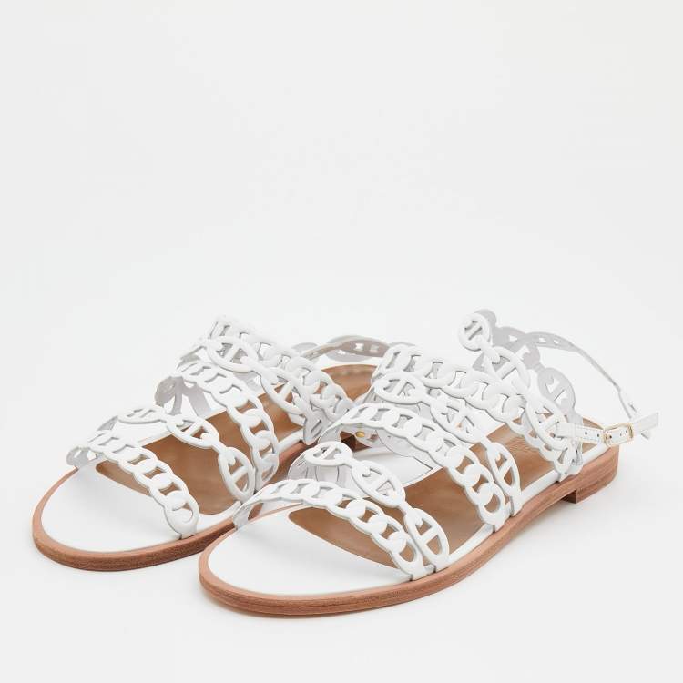 Hermes White Leather Kalliste Ankle Strap Flat Sandals Size 38