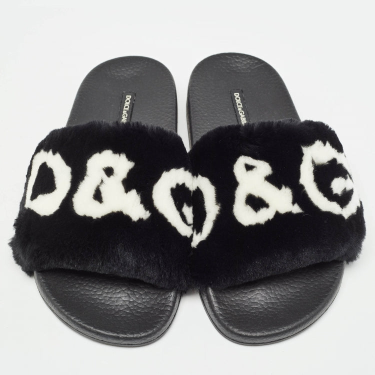Dolce & Gabbana Black Fur Logo Print Slides Size 37