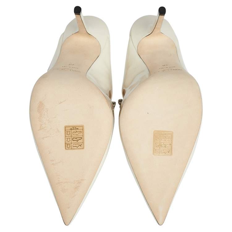 Jimmy Choo Cream Patent Leather Crystal Embellished Pointed Toe Mule Sandals Size 40