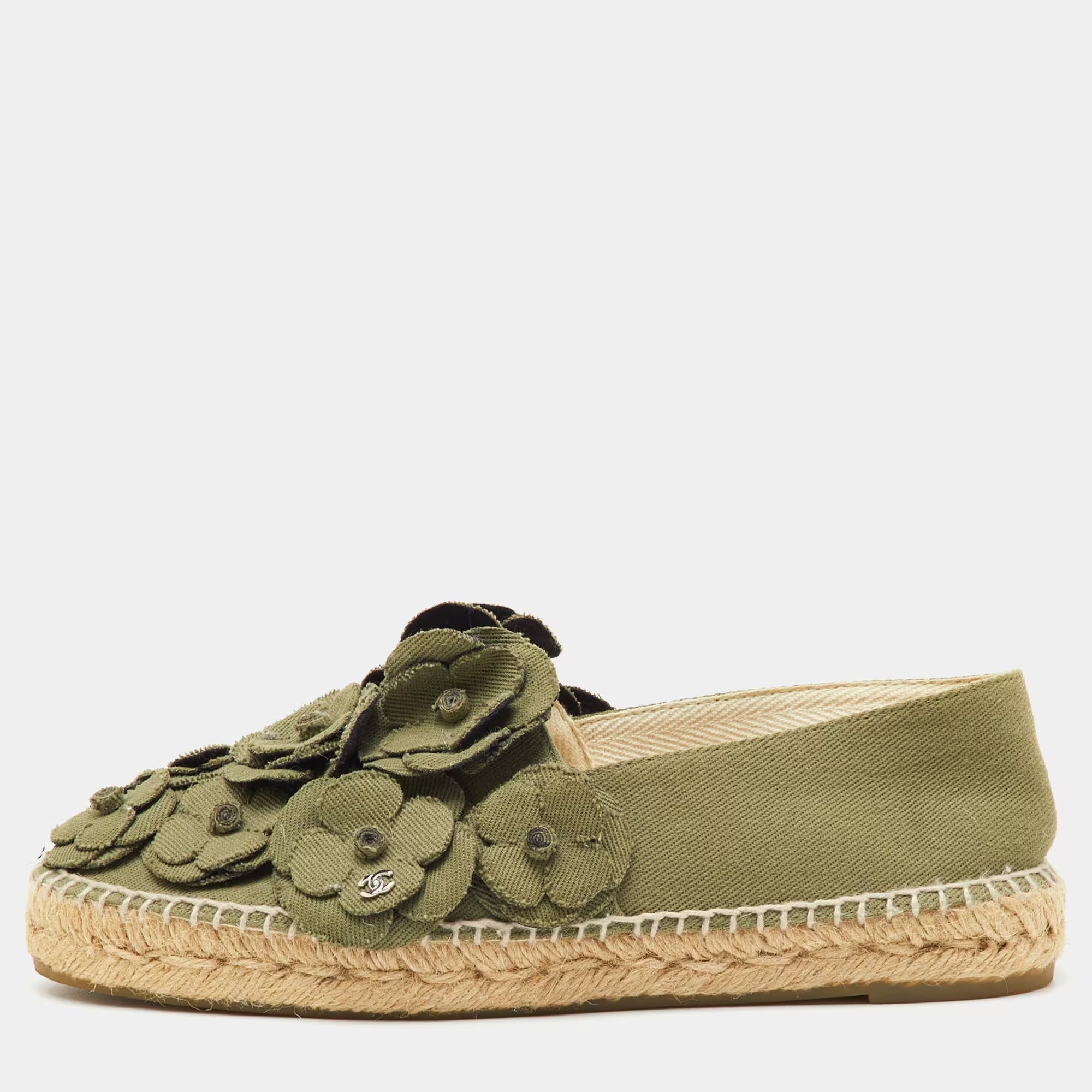 Chanel Olive Green Canvas CC Camelia Espadrille Flats Size 39
