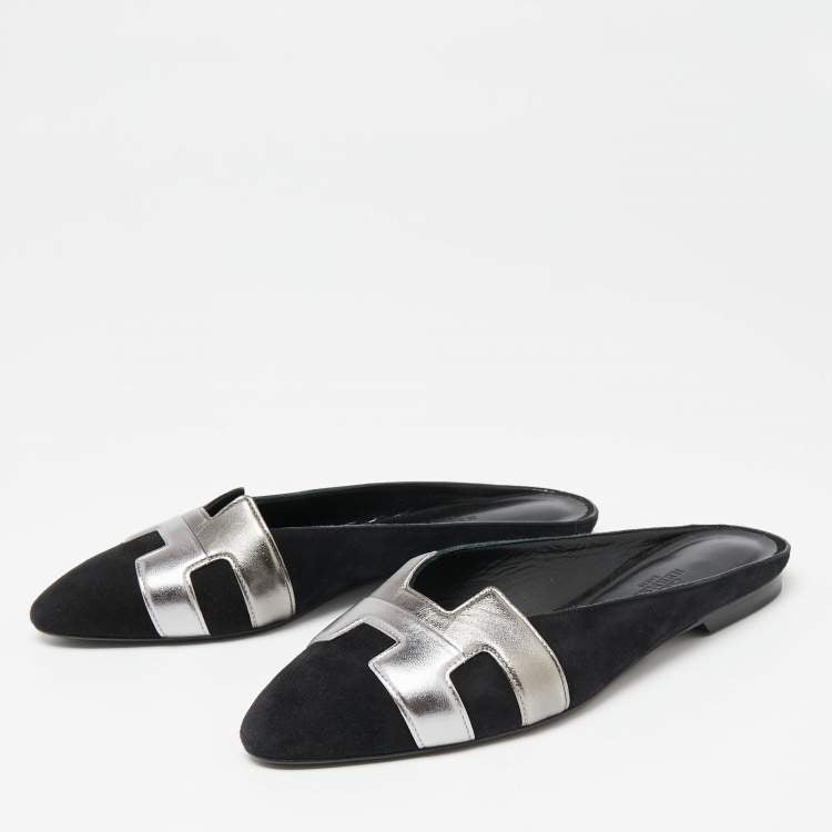 Hermes Black/Metallic Grey Suede and Leather Roxane Flat Mules Size 37