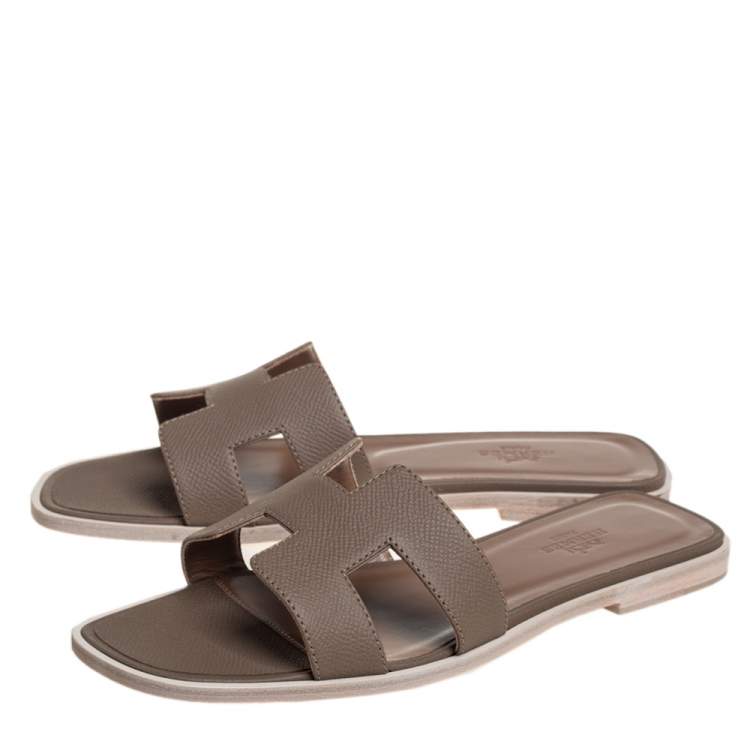 Hermes Grey Leather Oran Flat Slides Size 37.5