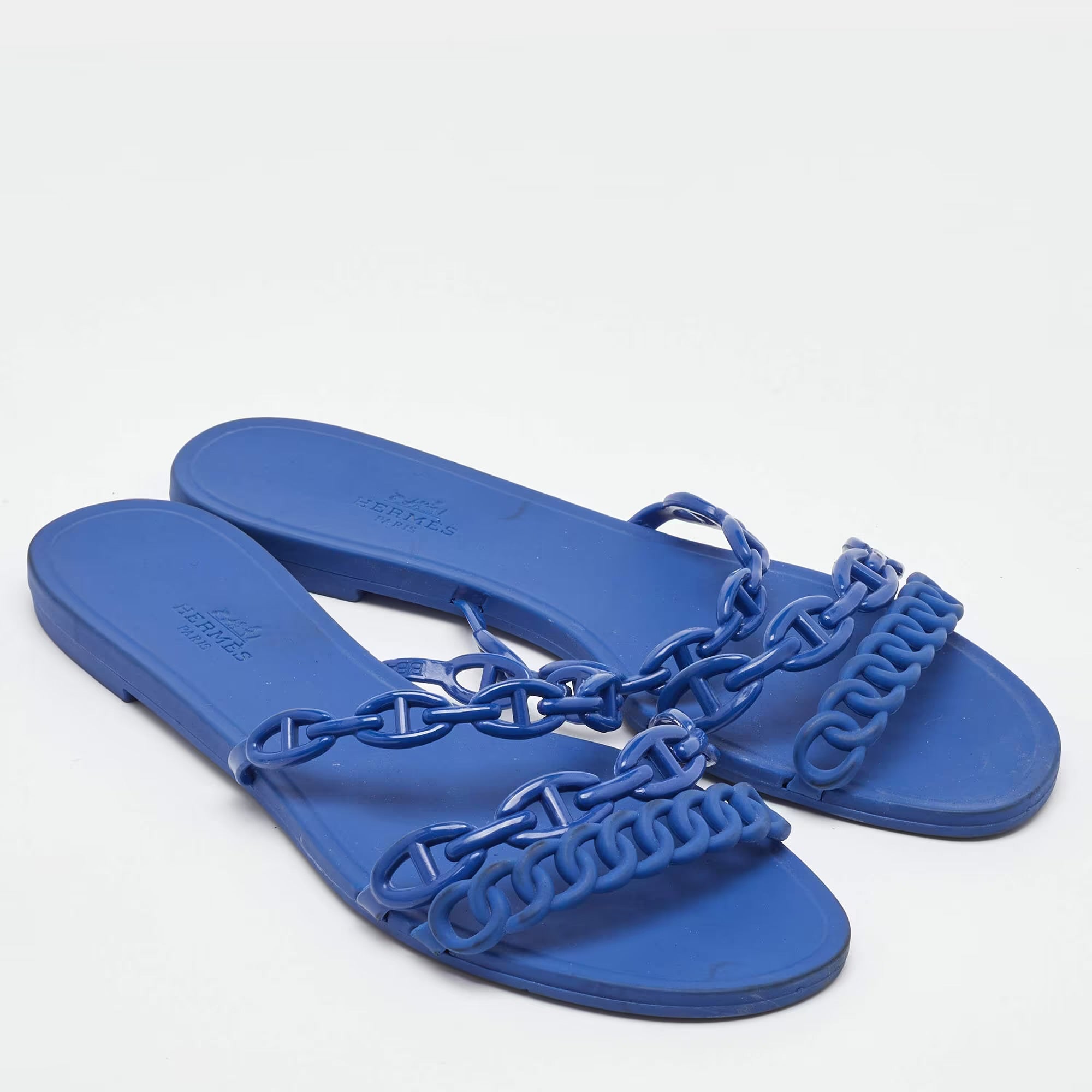 Hermes Blue Rubber Chaine d'Ancre Rivage Flat Slide Sandals Size 39