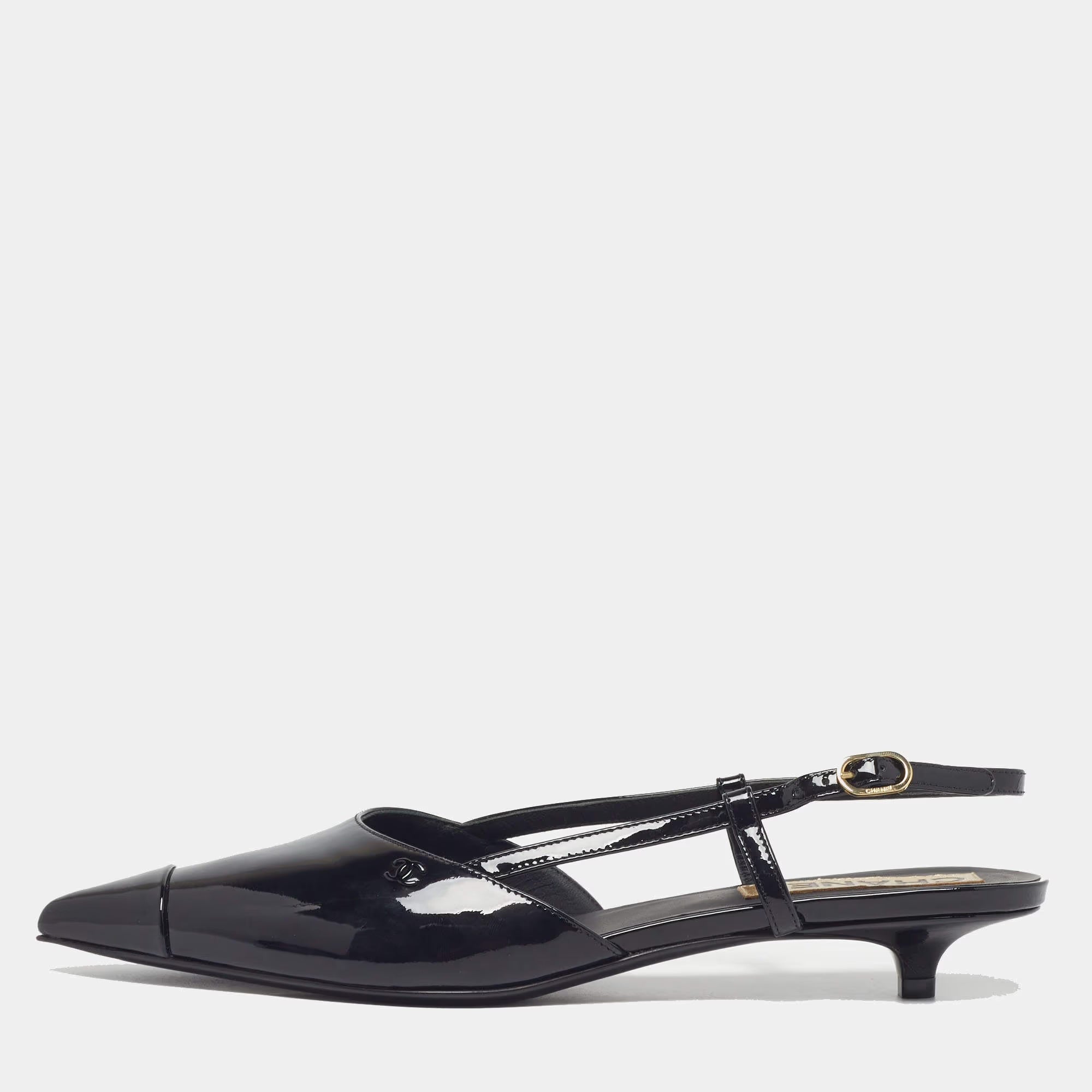 Chanel Size 39 Black Patent Leather CC Cap Toe Slingback Flat Sandals