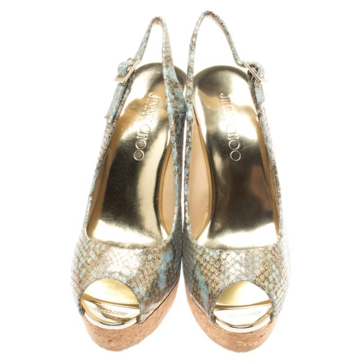 Jimmy Choo Metallic Tea Rose Mix Embossed Python Leather Prova Slingback Cork Wedge Sandals Size 38.5