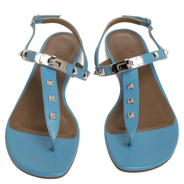 Hermes Blue Leather Olivia Ankle Strap Sandals Size 37.5
