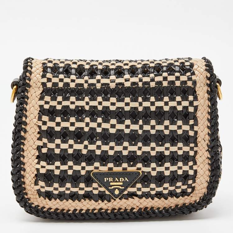 Prada Beige/Black Woven Madras Leather Crossbody Bag
