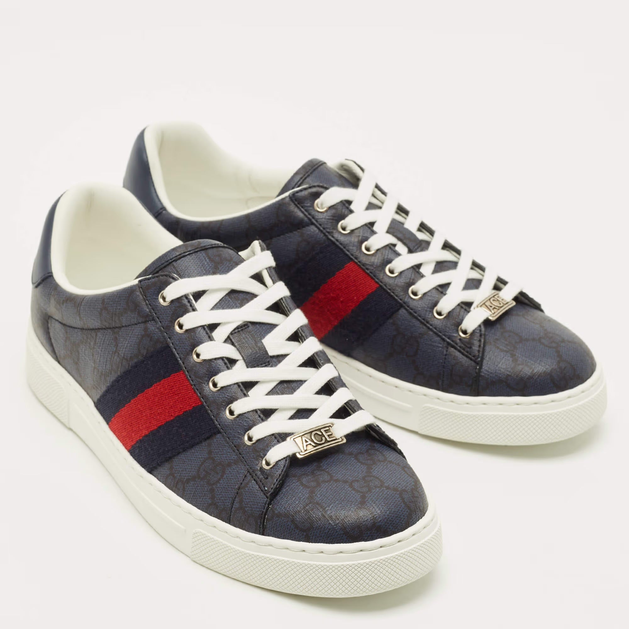 Gucci Ace Size 41 Blue/Black GG Supreme Canvas Low Top Sneakers
