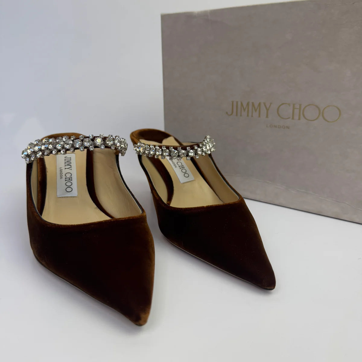 JIMMY CHOO BING TAN VELVET 65 HEELS (SIZE 39/UK6)