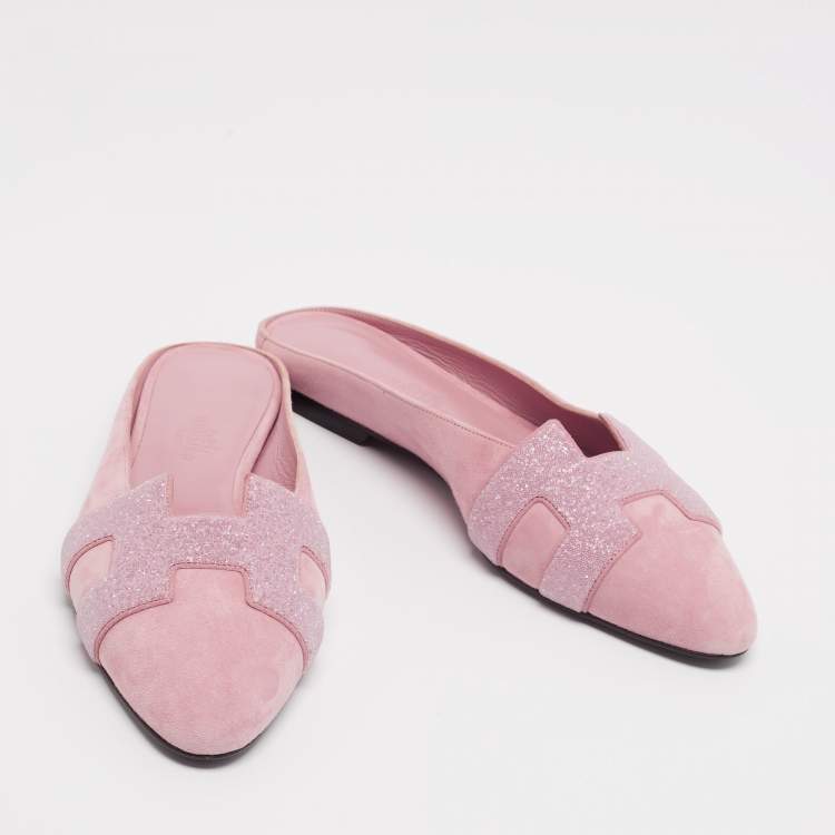 Hermes Pink Glitter And Suede Roxane Mule Flats Size 36