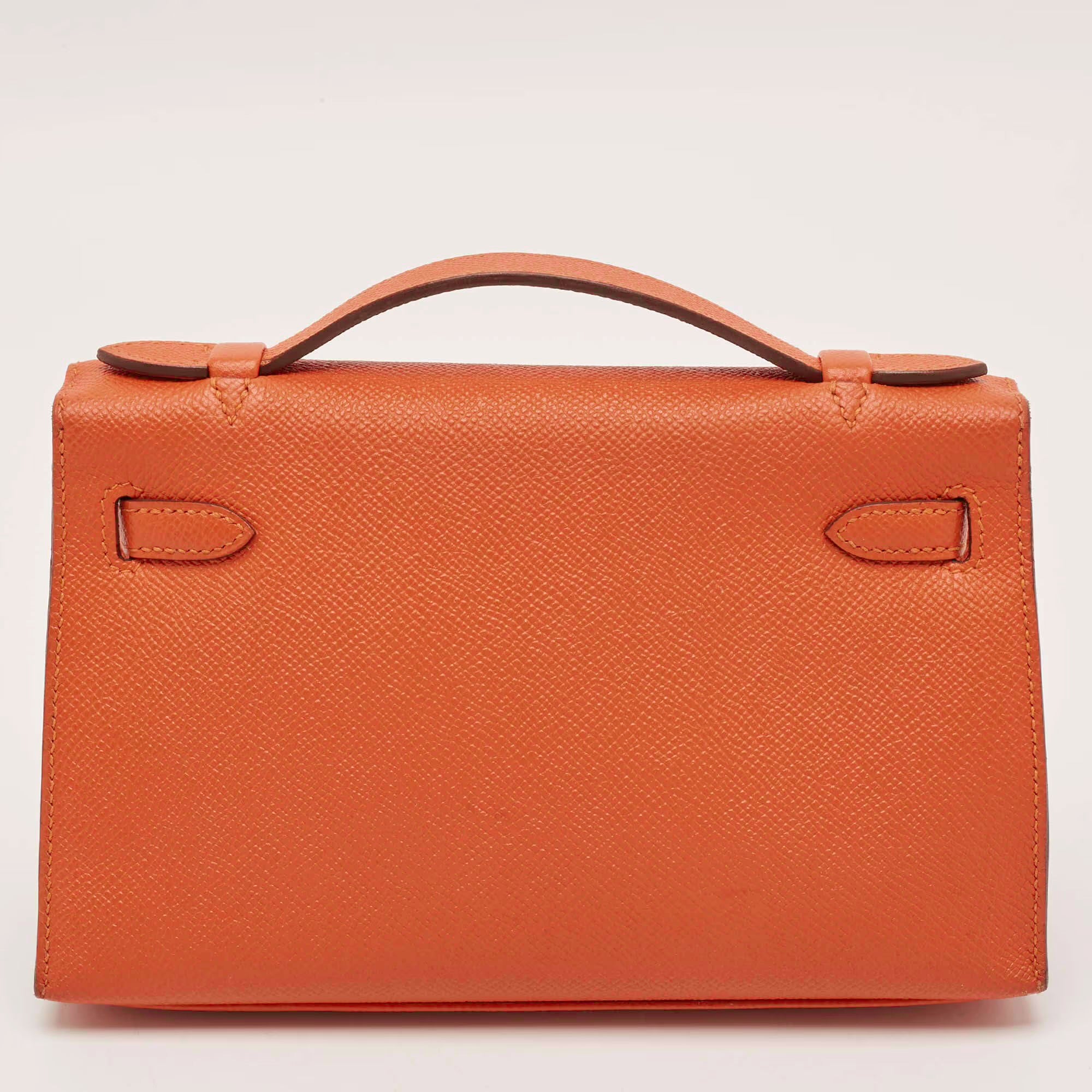 Hermes Kelly Palladium Finish Orange Poppy Epsom Leather Pochette