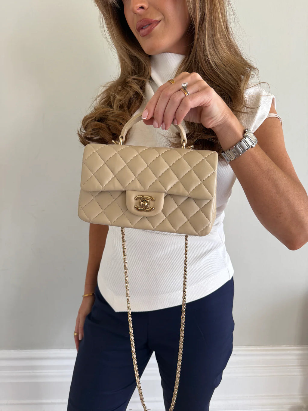 CHANEL MINI RECTANGLE TOP HANDLE IN ECRU LAMBSKIN LEATHER WITH GHW
