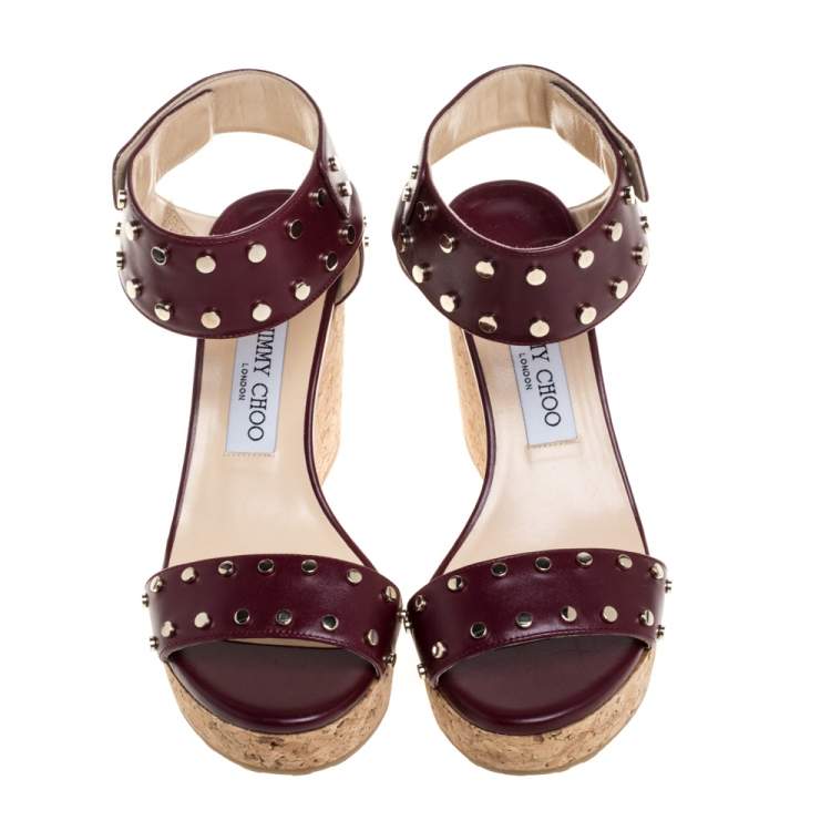 Jimmy Choo Maroon Studded Leather Veto Wedge Platform Sandals Size 38.5