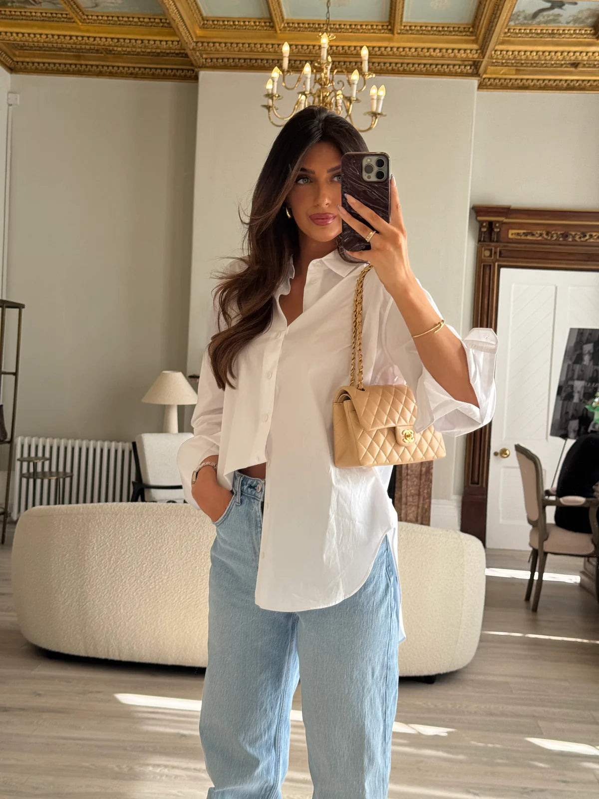 CHANEL SMALL CLASSIC DOUBLE FLAP IN BEIGE LAMBSKIN WITH GHW