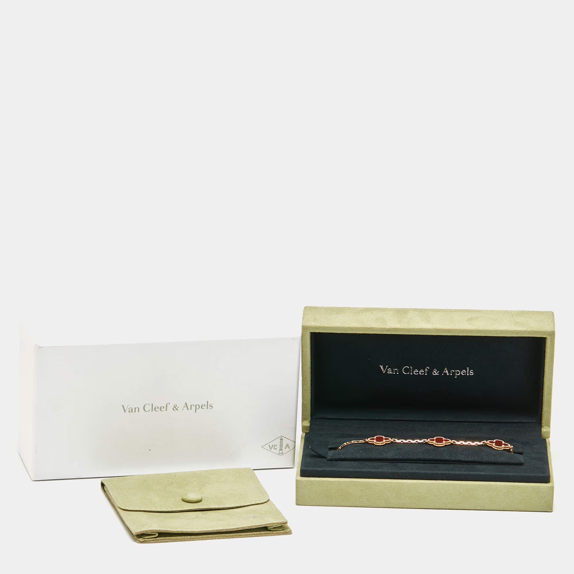 Van Cleef & Arpels Vintage Alhambra 18k Yellow Gold Carnelian 5 Motif Station Bracelet