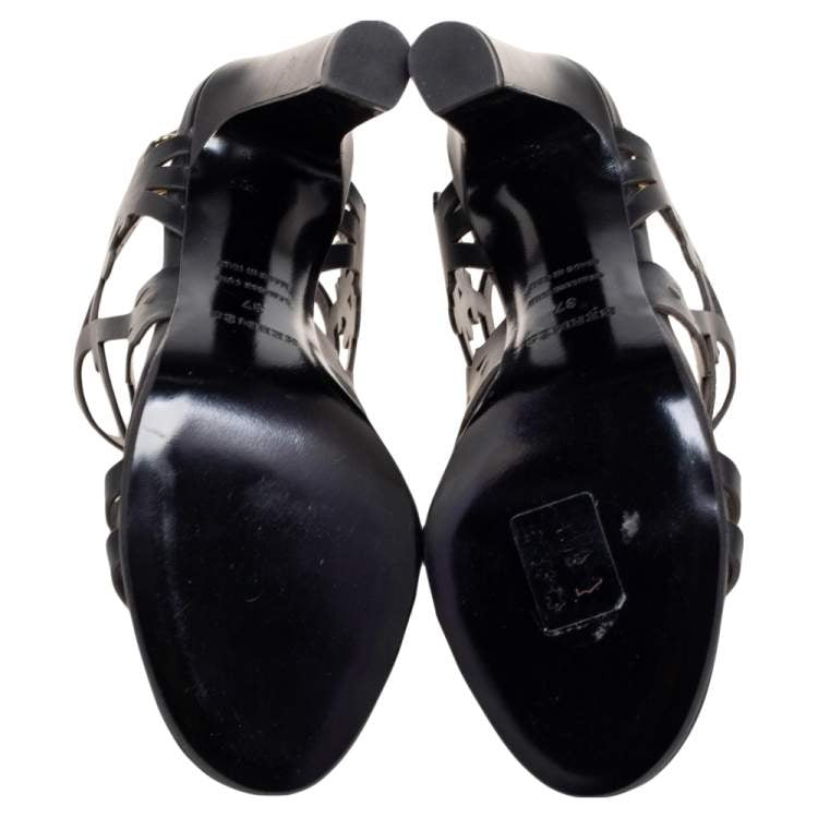 Hermes Black Leather Keira Ankle Sandals Size 37