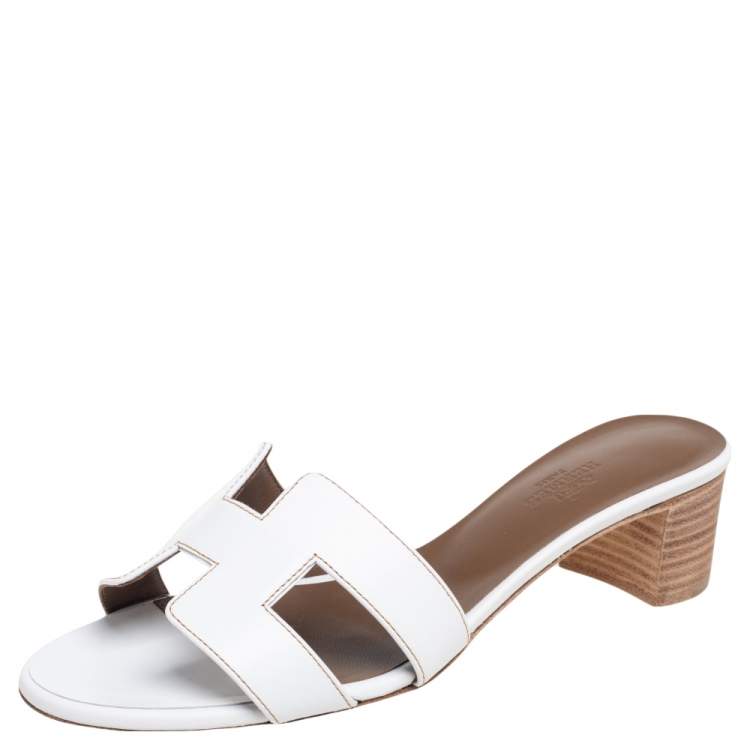 Hermes White Leather Oasis Slide Sandals Size 37.5