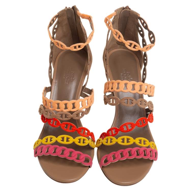 Hermes Multicolor Suede Chaîne d'Ancre Sandals Size 38.5