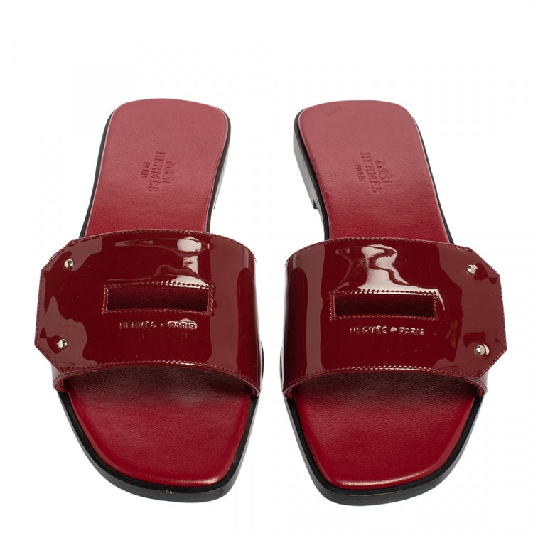 Hermes Burgundy Patent Leather View Flats Size 37